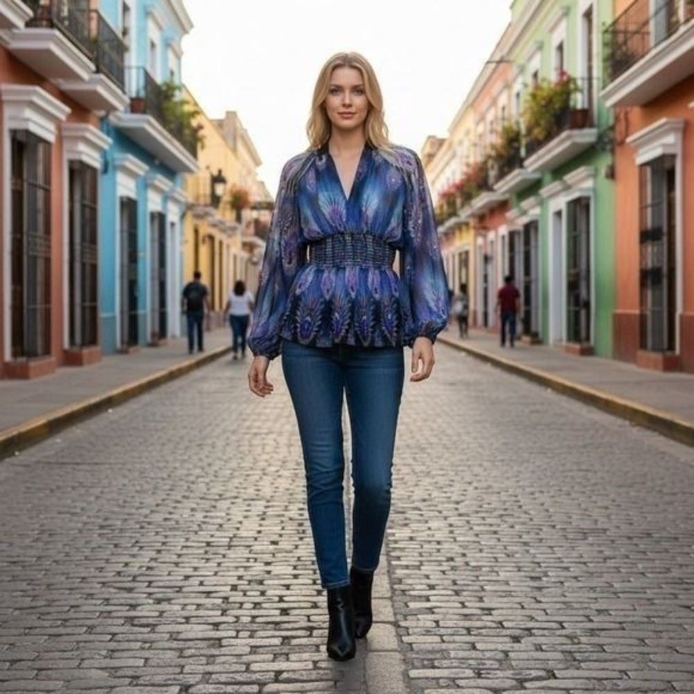 382 Three Eighty Two Peacock Top Blouse Women Size Medium NWT